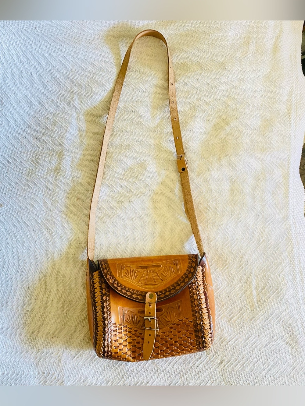 Hand Crafted Tan & Light Tan Leather Crossbody Bag with Woven Detail